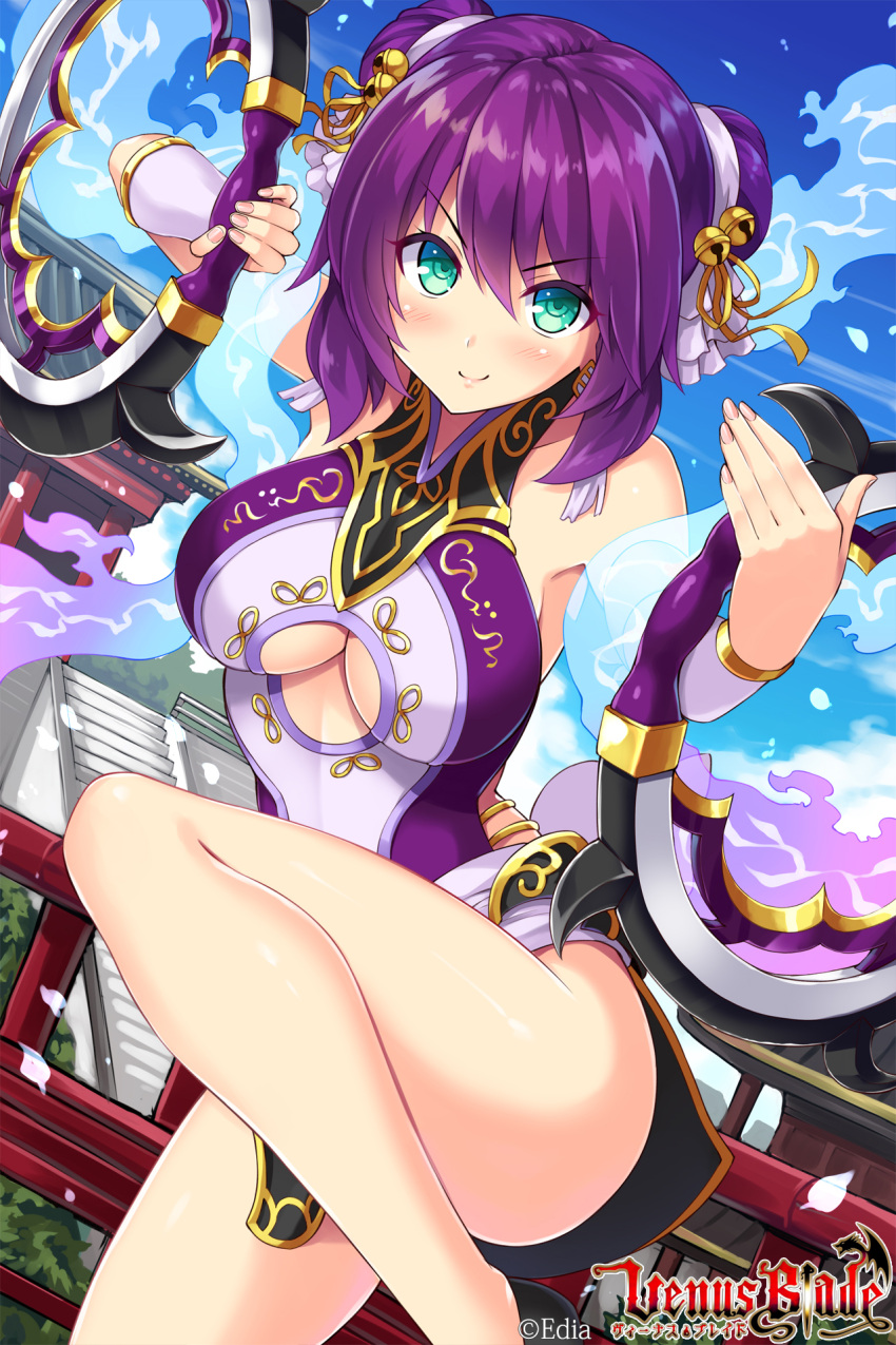 1girl aqua_eyes bare_shoulders bell blue_sky blush bracer breasts cleavage_cutout cowboy_shot day double_bun hair_bell hair_ornament highres hisenkaede large_breasts looking_at_viewer official_art purple_hair short_hair sky smile solo standing standing_on_one_leg under_boob venus_blade weapon