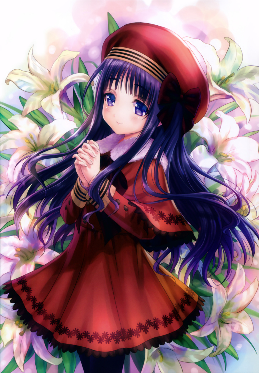 1girl absurdres beret black_hair black_legwear blush capelet card_captor_sakura closed_mouth cowboy_shot daidouji_tomoyo dress eyebrows_visible_through_hair floral_background flower from_side goto_p hands_clasped hat highres lily_(flower) long_hair long_sleeves own_hands_together red_dress red_hat scan smile solo very_long_hair violet_eyes