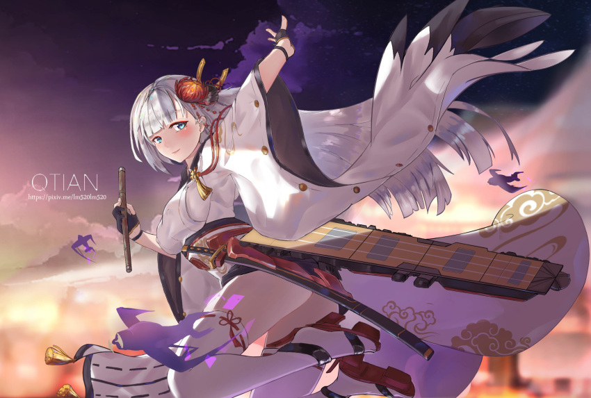 1girl aiguillette aircraft airplane arm_above_head artist_name azur_lane bangs bent_knees black_gloves blue_eyes blunt_bangs blush breasts closed_mouth clouds cowboy_shot erect_nipples evening flight_deck floating floating_hair gloves hair_ornament highres holding japanese_clothes jumping katana kimono large_breasts lm520lm520 long_hair looking_at_viewer mole mole_under_eye obi outstretched_arm partly_fingerless_gloves rigging rudder_shoes sash sheath sheathed shoukaku_(azur_lane) sidelocks silver_hair smile solo sword tassel thigh-highs thighs very_long_hair weapon wide_sleeves wind wind_lift