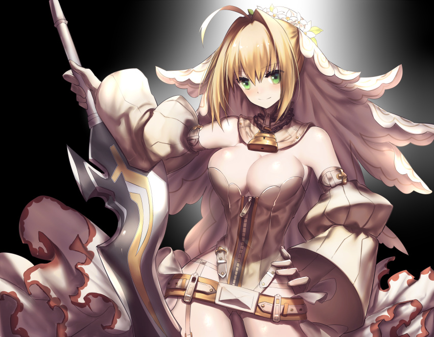 1girl aestus_estus ahoge belt black_background blonde_hair breasts bridal_veil cleavage commentary_request detached_sleeves fate/extra fate/extra_ccc fate_(series) green_eyes hand_on_hip highres holding holding_sword holding_weapon lock looking_at_viewer medium_breasts nero_claudius_(bride)_(fate) nero_claudius_(fate)_(all) padlock padlocked_collar rahato short_hair solo sword veil weapon zipper