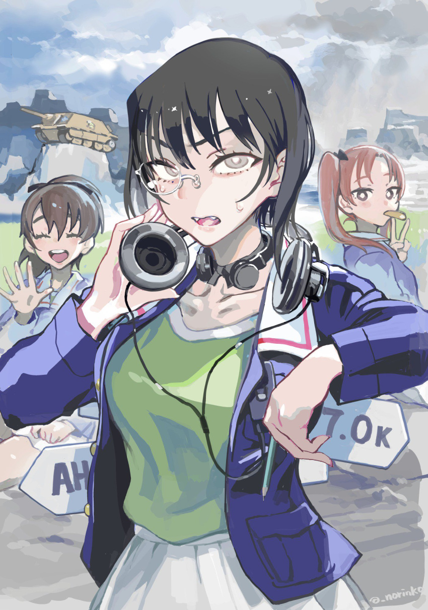 3girls :d black_bow black_hair blue_jacket bow bright_pupils brown_hair character_request closed_eyes clouds cloudy_sky commentary_request fangs food_in_mouth girls_und_panzer green_shirt ground_vehicle hair_bow headphones highres jacket kawashima_momo long_sleeves looking_at_viewer military military_vehicle monocle motor_vehicle mouth_hold multiple_girls norinco open_mouth outdoors overcast parted_lips pleated_skirt red_eyes semi-rimless_eyewear shirt skirt sky smile standing sweatdrop tank twintails twitter_username under-rim_eyewear v waving white_skirt