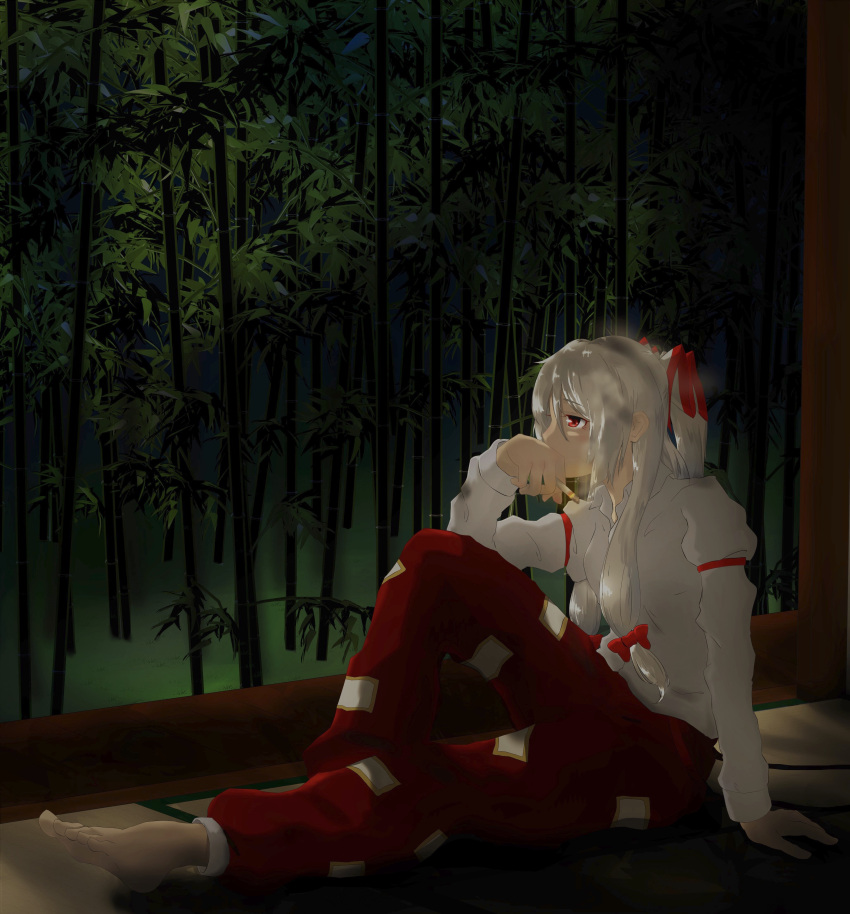 1girl absurdres armband bamboo bamboo_forest barefoot cigarette covering_mouth elbow_on_knee forest fujiwara_no_mokou full_body highres knee_up long_sleeves looking_to_the_side nature night ofuda outstretched_leg pants ponytail shirt sidelocks silver_hair sitting smoking solo swwerz tatami touhou white_shirt
