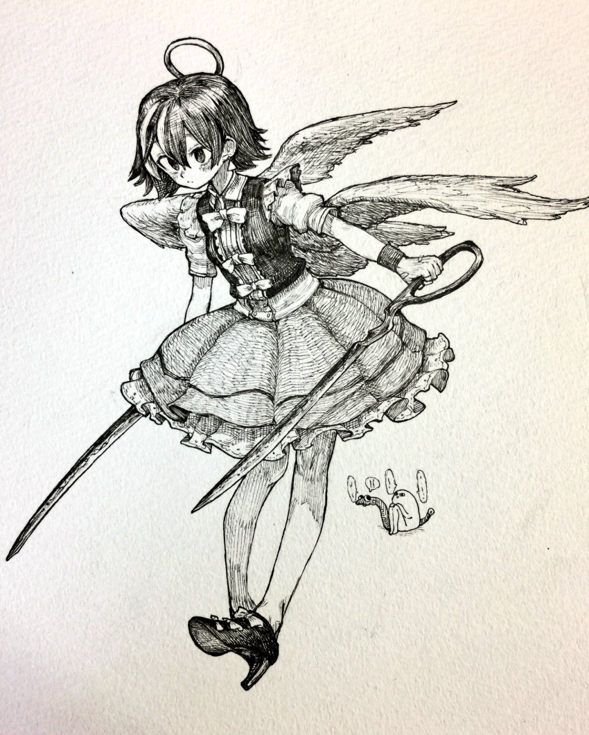 1girl bangs bow bowtie closed_mouth commentary_request full_body hair_between_eyes high_heels highres holding houjuu_nue mashimashi monochrome multicolored_hair short_hair short_sleeves skirt standing streaked_hair touhou traditional_media wings
