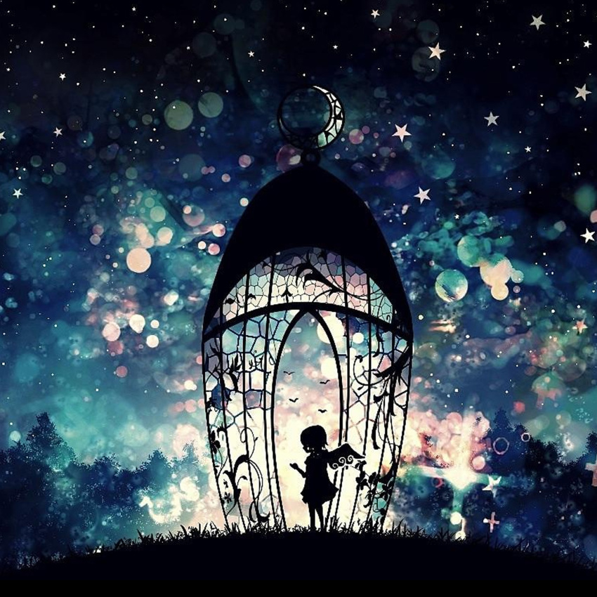 1girl bird commentary_request crescent_moon dress fantasy forest grass harada_miyuki highres hll moon nature night night_sky original silhouette sky solo standing star_(sky) starry_sky tree wings