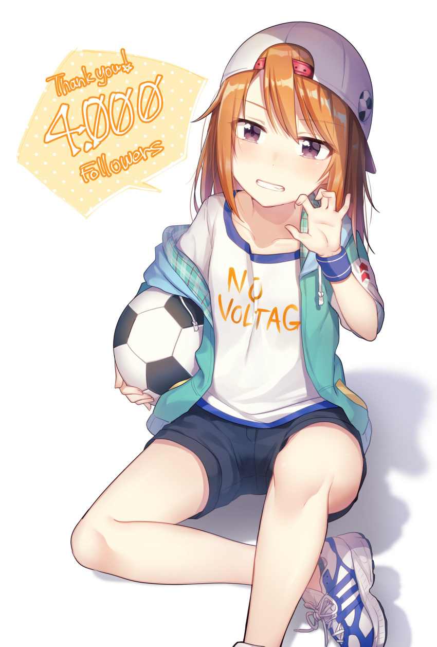 1girl absurdres backwards_hat ball bangs baseball_cap blush clothes_writing commentary_request english followers green_jacket hand_up hat highres holding ichiren_namiro idolmaster idolmaster_cinderella_girls jacket knee_up long_hair looking_at_viewer off_shoulder orange_hair shoes shorts simple_background soccer_ball solo thank_you violet_eyes white_background wristband yuuki_haru