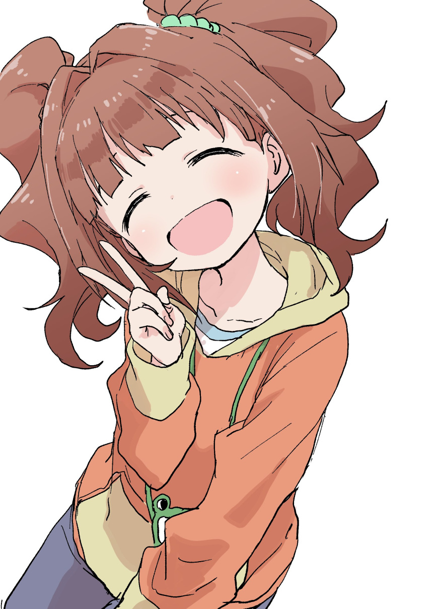 1girl :d absurdres bag blush brown_hair closed_eyes copyright_request facing_viewer hair_intakes hand_up handbag head_tilt highres hood hood_down hoodie idolmaster long_sleeves open_mouth pants short_hair simple_background smile solo takatsuki_yayoi twintails v white_background yamamoto_souichirou