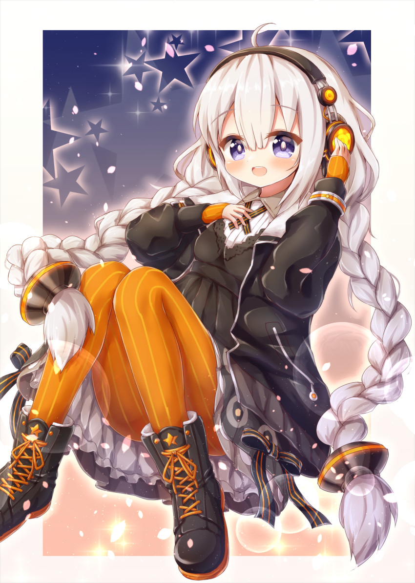 1girl :d absurdres ahoge bangs black_dress black_footwear black_jacket blush boots braid breasts commentary_request cross-laced_footwear dress eyebrows_visible_through_hair hair_between_eyes hair_ornament headphones highres jacket kizuna_akari lace-up_boots long_hair long_sleeves looking_at_viewer low_twintails open_mouth orange_legwear pantyhose puffy_long_sleeves puffy_sleeves silver_hair sleeves_past_wrists small_breasts smile solo star striped striped_legwear twin_braids twintails upper_teeth vertical-striped_legwear vertical_stripes very_long_hair violet_eyes vocaloid voiceroid waste_(arkaura)
