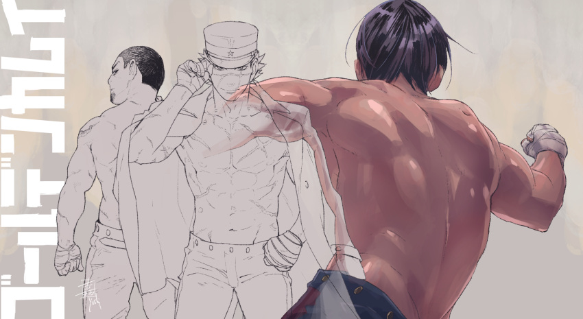 3boys adjusting_clothes adjusting_hat back bandage bare_chest clenched_hands dark_skin dark_skinned_male facial_hair golden_kamuy hat highres jacket_on_shoulders looking_at_viewer looking_back male_focus military_hat multiple_boys muscle scar shaved_head shirtless sugimoto_saichi tsukishima yoshimi