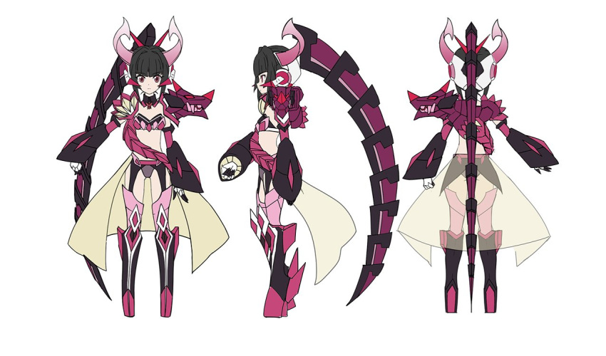 1girl alternate_costume armor artist_request ass bangs bikini_armor black_bikini_top black_footwear black_hair blunt_bangs boots character_sheet commentary_request detached_collar dragon_girl dragon_horns dragon_ornament expressionless eyebrows_visible_through_hair fake_horns flat_chest from_behind from_side garter_straps gauntlets gloves gluteal_fold grey_bikini_bottom headphones horns looking_at_viewer multicolored_footwear multiple_views official_art pink_eyes pink_footwear pink_legwear platform_boots profile senki_zesshou_symphogear senki_zesshou_symphogear_xd_unlimited shoulder_armor showgirl_skirt simple_background skirt standing symphogear_pendant thigh-highs thigh_boots tsukuyomi_shirabe white_background white_gloves yellow_skirt