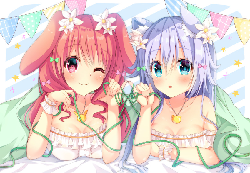 2girls :o ;) animal_ears bangs bed_sheet blue_eyes bow breasts cat_ears cat_pendant cleavage commentary_request flower frills green_bow green_ribbon hair_between_eyes hair_bow hair_flower hair_ornament jewelry lavender_hair light_blush long_hair looking_at_viewer lying multiple_girls nozomiyuyu on_stomach one_eye_closed original pendant pink_bow pinky_out rabbit_ears red_eyes redhead ribbon smile string_of_flags under_covers wrist_cuffs