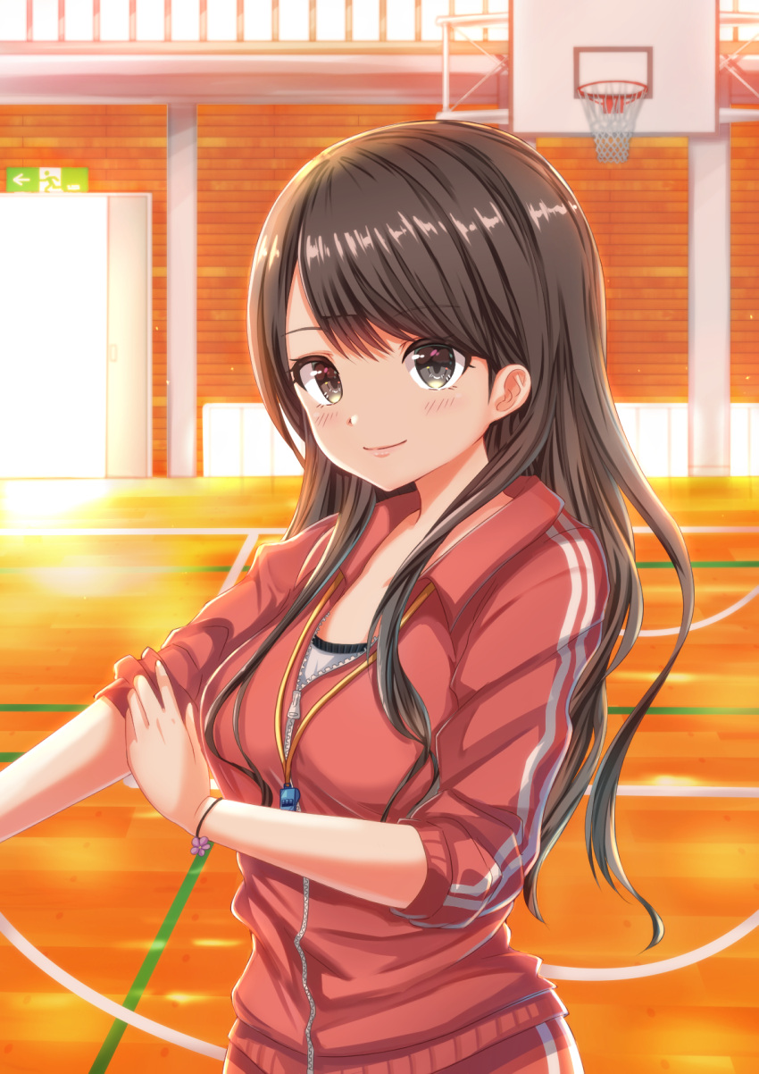 1girl bangs basketball_hoop black_eyes black_hair bracelet commentary_request copyright_request gym highres jacket jewelry long_hair looking_at_viewer sleeves_pushed_up smile solo tenzeru track_jacket track_suit upper_body whistle