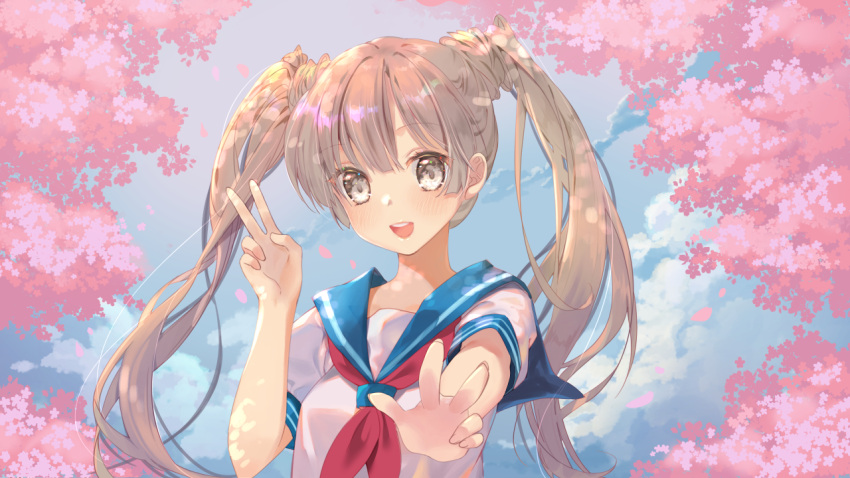 1girl :d bangs blue_sailor_collar blue_sky blush brown_eyes cherry_blossoms clouds commentary_request day eyebrows_visible_through_hair fingernails flower hair_between_eyes light_brown_hair long_hair looking_at_viewer mintchoco_(orange_shabette) neckerchief open_mouth original outdoors outstretched_arm pink_flower red_neckwear sailor_collar school_uniform serafuku shirt short_sleeves sky smile solo twintails upper_teeth v very_long_hair white_shirt
