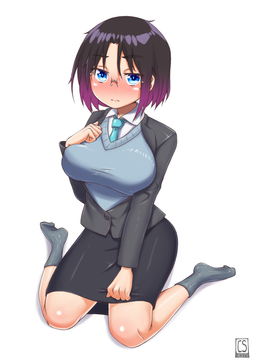 1girl artist_request black_hair blue_eyes blush breasts elma_(maidragon) glasses gradient_hair highres kobayashi-san_chi_no_maidragon large_breasts looking_at_viewer multicolored_hair necktie short_hair simple_background solo sweater white_background