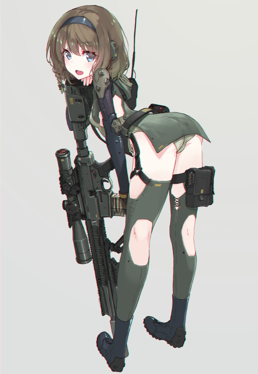 1girl :d absurdres ass bangs belt blue_eyes boots braid breasts brown_hair commentary_request from_behind full_body grey_background gun headphones highres holding holding_gun holding_weapon leaning_forward leotard looking_at_viewer looking_back mecha_musume mechanical_arm medium_hair oota_youjo open_mouth original rifle round_teeth scope simple_background small_breasts smile sniper_rifle solo standing teeth thigh-highs thigh_pouch weapon weapon_request