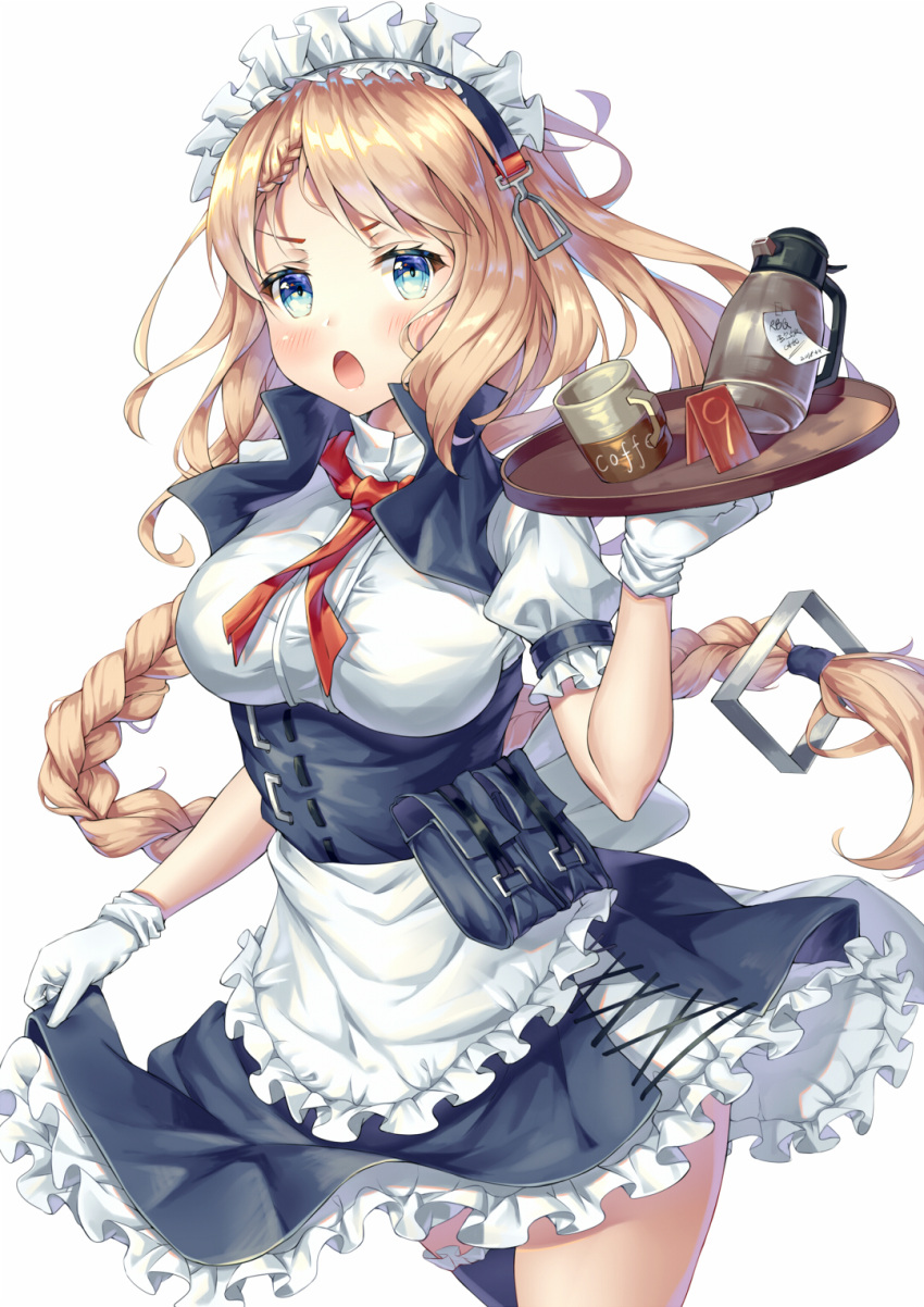 1girl apron bag bands bangs blonde_hair blue_eyes blush braid breasts coffee_cup coffee_pot cup disposable_cup dress floating_hair g36_(girls_frontline) girls_frontline gloves hair_between_eyes hair_ornament hair_tie highres holding holding_tray jacket kerchief long_hair looking_at_viewer maid maid_apron maid_headdress medium_breasts open_mouth red_neckwear satchel short_sleeves sidelocks single_braid single_thighhigh skirt skirt_lift smile solo thigh-highs thighs tray underbust very_long_hair white_gloves xi_zhujia_de_rbq