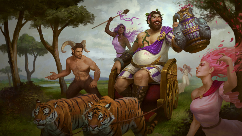 1boy alcohol alternate_costume bacchus_(smite) beard brown_hair dark_skin drink faceless faceless_female faceless_male facial_hair fat fat_man hair_ornament highres horns jon_neimeister leaf leaf_hair_ornament male_focus nymph official_art open_mouth petals pink_hair plant purple_hair satyr shirtless sitting sky smite solo staff teeth tiger tree vines wine