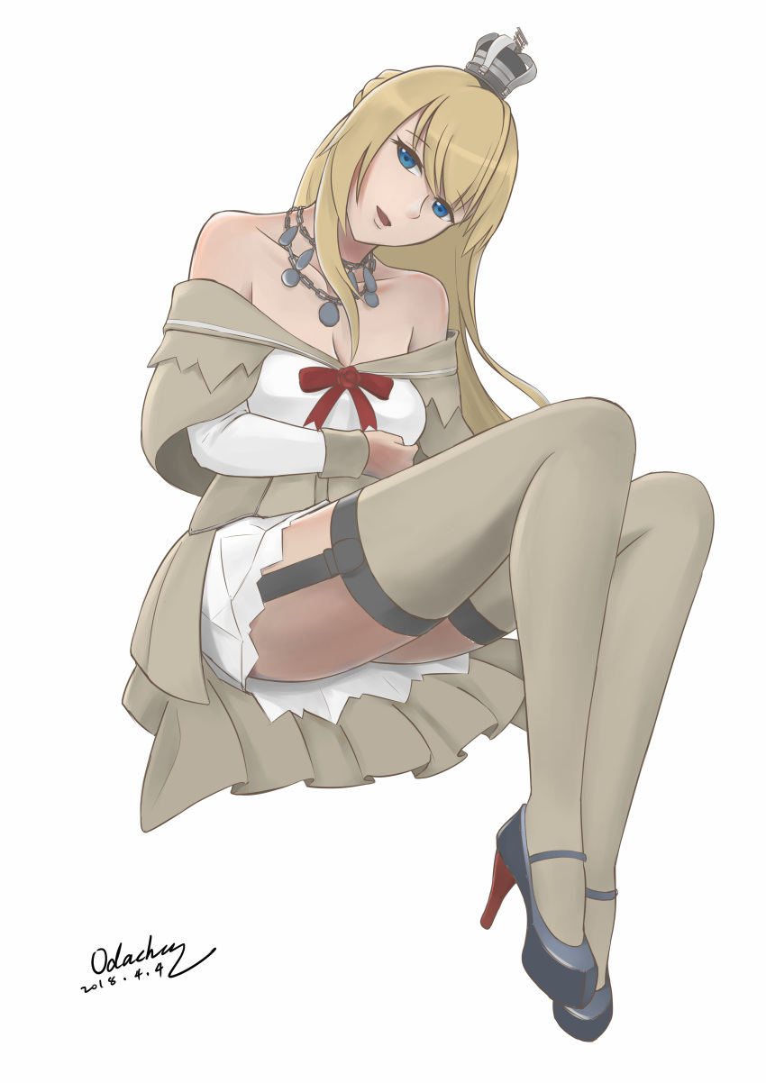 1girl absurdres blonde_hair blue_eyes braid com34t crown dated dress flower french_braid full_body garter_straps hairband head_tilt high_heels highres invisible_chair jewelry kantai_collection long_hair long_sleeves looking_at_viewer mini_crown necklace off-shoulder_dress off_shoulder red_flower red_ribbon red_rose ribbon rose signature simple_background sitting solo thigh-highs warspite_(kantai_collection) white_background white_dress white_legwear