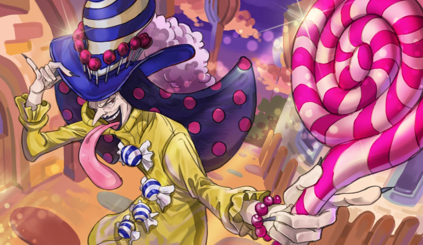 1boy blue_hair bracelet brown_eyes candy charlotte_perospero food hat highres jewelry lipstick long_hair makeup male_focus nail_polish one_piece open_mouth solo sparkle tongue tongue_out