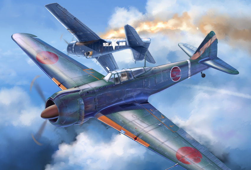 2boys absurdres aerial_battle aircraft airplane battle blue_sky burning clouds cloudy_sky commentary day dogfight f6f_hellcat fire flame flying graphite_(medium) highres imperial_japanese_army ki-100 looking_to_the_side male_focus mast military multiple_boys original pilot pilot_helmet propeller roundel shot_down sky traditional_media us_navy wheel world_war_ii zuotian_de_yu