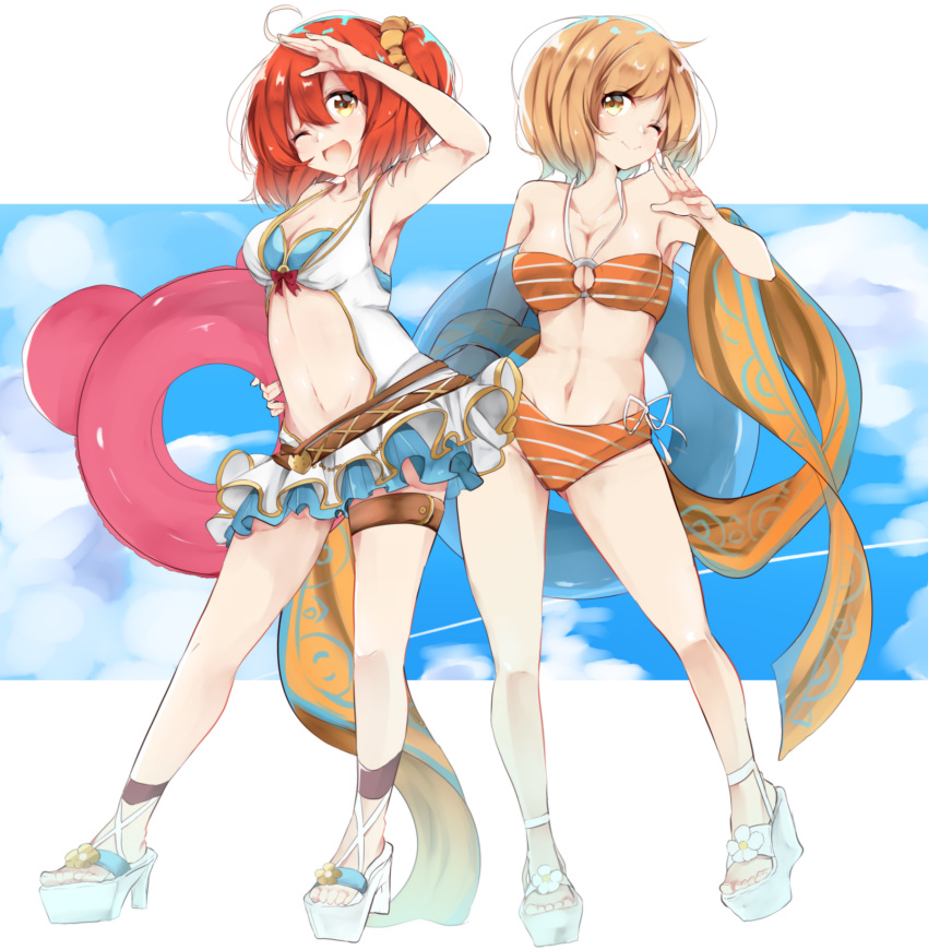 2girls ahoge bikini blonde_hair breasts brown_eyes casual_one-piece_swimsuit cosplay costume_switch djeeta_(granblue_fantasy) djeeta_(granblue_fantasy)_(cosplay) fate/grand_order fate_(series) fujimaru_ritsuka_(female) fujimaru_ritsuka_(female)_(cosplay) full_body gauntlets granblue_fantasy hair_ornament hair_scrunchie hairband harusame_(moyuna412) highres innertube medium_breasts multiple_girls one-piece_swimsuit one_eye_closed open_mouth open_toe_shoes orange_bikini orange_eyes orange_hair scrunchie short_hair side_ponytail smile standing striped striped_bikini swimsuit