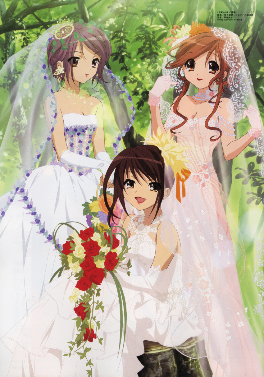 3girls aratani_tomoe asahina_mikuru bouquet bridal_veil bride brown_hair dress elbow_gloves flower gloves hair_flower hair_ornament highres lace lace-trimmed_gloves lipstick makeup megami multiple_girls nagato_yuki pink_dress pink_gloves pink_wedding_dress red_flower red_rose rose scan see-through short_hair sitting standing strapless strapless_dress suzumiya_haruhi suzumiya_haruhi_no_yuuutsu translation_request tree veil wedding_dress white_dress white_gloves