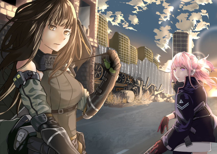 2girls absurdres ammunition_pouch ar-15 armband assault_rifle bangs bare_shoulders black_gloves blue_eyes breasts brown_eyes brown_hair brown_sweater buckle building cityscape closed_mouth clothes_around_waist clouds coat digi-mind_update_(girls_frontline) evening eyebrows_visible_through_hair floating_hair gauntlets girls_frontline gloves gun hair_between_eyes hair_ornament headphones highres holding holding_gun holding_strap holding_weapon hsubo jacket jacket_around_waist long_hair looking_at_another looking_at_viewer m4_carbine m4a1_(girls_frontline) machinery multicolored_hair multiple_girls outdoors parted_lips pink_hair ponytail pouch ribbed_sweater rifle road ruins scarf sidelocks st_ar-15_(girls_frontline) strap streaked_hair sunset sweater sweater_vest weapon weapon_case wind