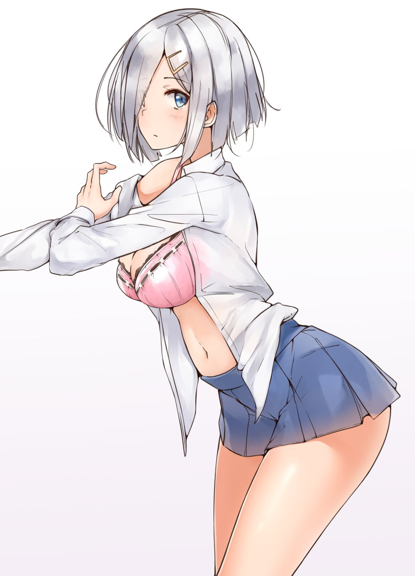 1girl alternate_costume blue_eyes blue_skirt blush bra breasts cleavage closed_mouth collared_shirt dressing from_side gradient gradient_background hair_ornament hair_over_one_eye hairclip hamakaze_(kantai_collection) hechi_(hechi322) highres kantai_collection long_sleeves looking_at_viewer medium_breasts messy_hair navel open_clothes open_shirt pink_bra shiny shiny_hair shirt silver_hair skirt solo thighs underwear upper_body white_background white_shirt