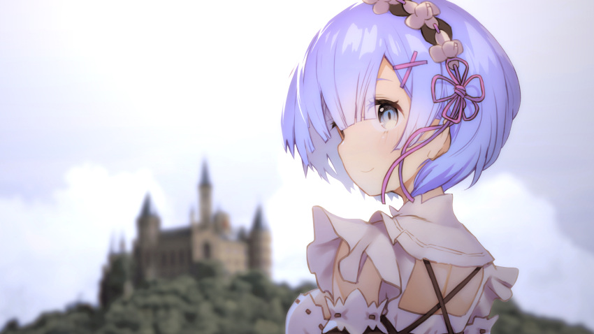 1girl adiim blue_eyes blue_hair blush castle closed_mouth detached_sleeves eyes_visible_through_hair frilled_sleeves frills hair_ornament highres maid maid_headdress pink_ribbon purple_ribbon re:zero_kara_hajimeru_isekai_seikatsu rem_(re:zero) ribbon ribbon-trimmed_clothes ribbon_trim shiny shiny_hair short_hair smile solo wallpaper x_hair_ornament