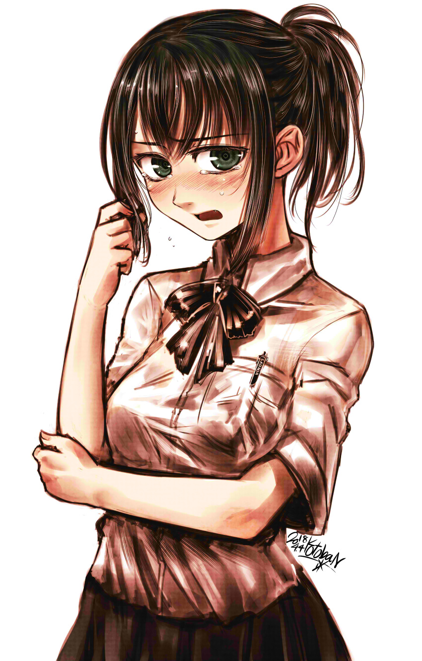 1girl absurdres black_hair black_neckwear black_skirt blush bow bowtie breast_pocket breasts collared_shirt commentary_request dated embarrassed green_eyes hand_up highres kotoba_noriaki looking_at_viewer medium_breasts open_mouth original pen pleated_skirt pocket ponytail shirt sidelocks signature simple_background skirt solo standing sweatdrop upper_body white_background white_shirt wing_collar