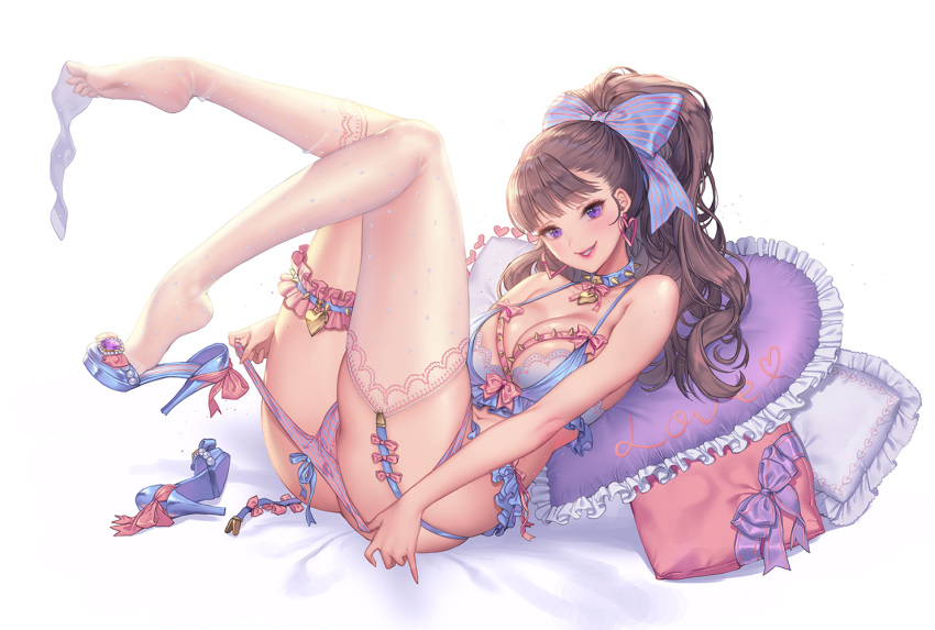 1girl bangs black_hair blue_bow blue_bra blush bow bra breasts cleavage collar commentary earrings eyebrows_visible_through_hair frills full_body hair_bow heart heart_earrings heart_pillow high_heels jewelry large_breasts leg_garter legs lingerie love_cacao lying on_back original panties panty_pull parted_lips pillow pink_panties ponytail shoe_dangle simple_background smile solo striped striped_bow striped_panties studded_collar thigh-highs thighs tsurime underwear violet_eyes white_background white_legwear