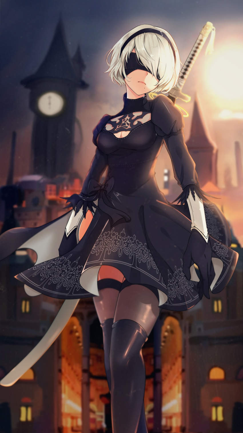 1girl ass black_dress black_gloves black_hairband black_legwear blindfold blurry blurry_background boots bow breasts cityscape cleavage cleavage_cutout clock clock_tower commentary_request covered_eyes cowboy_shot dress facing_viewer feather-trimmed_sleeves feather_trim gloves guanghe_zuoyong_de_de_yezi hairband head_tilt highres juliet_sleeves katana long_sleeves mole mole_under_mouth nier_(series) nier_automata outdoors over_shoulder puffy_sleeves short_hair side_slit standing sword sword_over_shoulder tassel thigh-highs thigh_boots thighhighs_under_boots thighs tower tsuka-ito tsuka_(handle) weapon weapon_over_shoulder white_hair yorha_no._2_type_b zettai_ryouiki