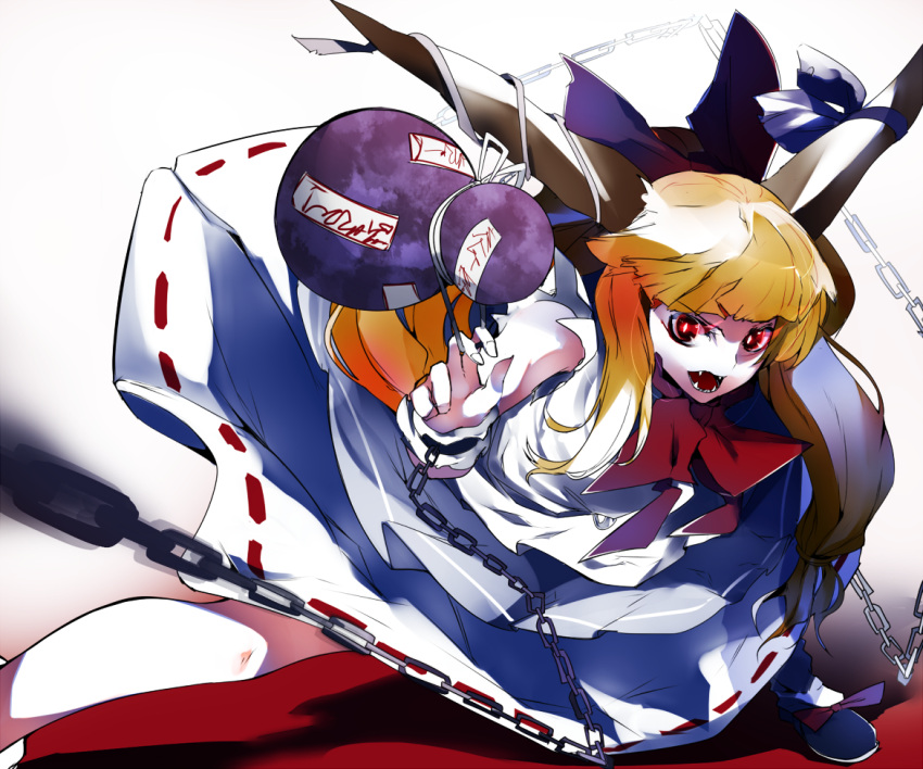 1girl bangs blunt_bangs bow chains commentary_request eyebrows_visible_through_hair fangs gourd hair_bow horn_ribbon horns ibuki_suika ikurauni long_hair looking_at_viewer open_mouth orange_hair red_bow red_eyes red_neckwear ribbon shirt sidelocks skirt sleeveless sleeveless_shirt solo teeth torn_clothes torn_sleeves touhou very_long_hair white_shirt
