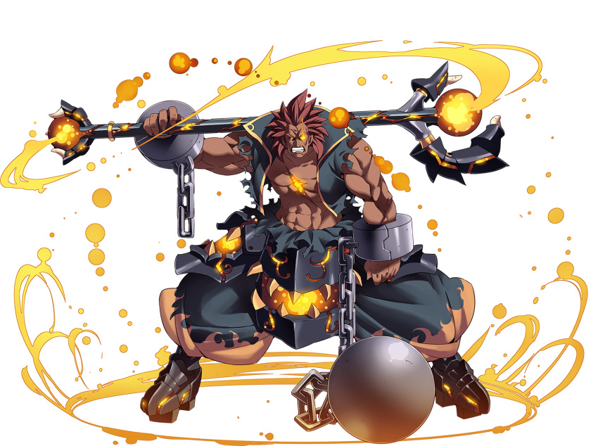 1boy abs awakening_(sennen_sensou_aigis) ball_and_chain_restraint boots brown_hair burning_eyes chains clenched_hand dark_skin dark_skinned_male fighting_stance fire full_body highres holding holding_weapon looking_at_viewer male_focus muscle official_art over_shoulder robert_(sennen_sensou_aigis) scar sennen_sensou_aigis spiky_hair standing tasaka_shinnosuke weapon wide_stance