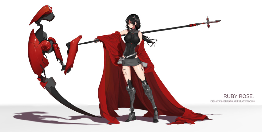 1girl arm_at_side artist_name bare_shoulders belt black_gloves black_hair black_leotard breasts character_name contrapposto cross_hair_ornament cyborg dishwasher1910 food full_body gloves grey_eyes grey_skirt hair_between_eyes hair_ornament highres holding holding_weapon huge_weapon impossible_clothes impossible_leotard legs_apart leotard long_hair looking_at_viewer low_ponytail mechanical_legs medium_breasts miniskirt older outstretched_arm profile robot_joints ruby_rose rwby scythe shaded_face shadow shawl simple_background skin_tight skirt solo standing watermark weapon web_address white_background