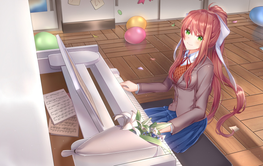 1girl balloon bangs blazer blue_skirt bow brown_hair closed_mouth collared_shirt cowboy_shot day doki_doki_literature_club eyebrows_visible_through_hair from_above green_eyes grey_jacket hair_bow highres ihsara10 indoors instrument jacket long_hair long_sleeves looking_at_viewer monika_(doki_doki_literature_club) music neck_ribbon piano piano_bench playing_instrument playing_piano pleated_skirt ponytail red_neckwear red_ribbon ribbon school school_uniform sheet_music shiny shiny_hair shirt sidelocks sitting skirt sliding_doors smile solo very_long_hair vest white_bow white_ribbon white_shirt wing_collar wooden_floor