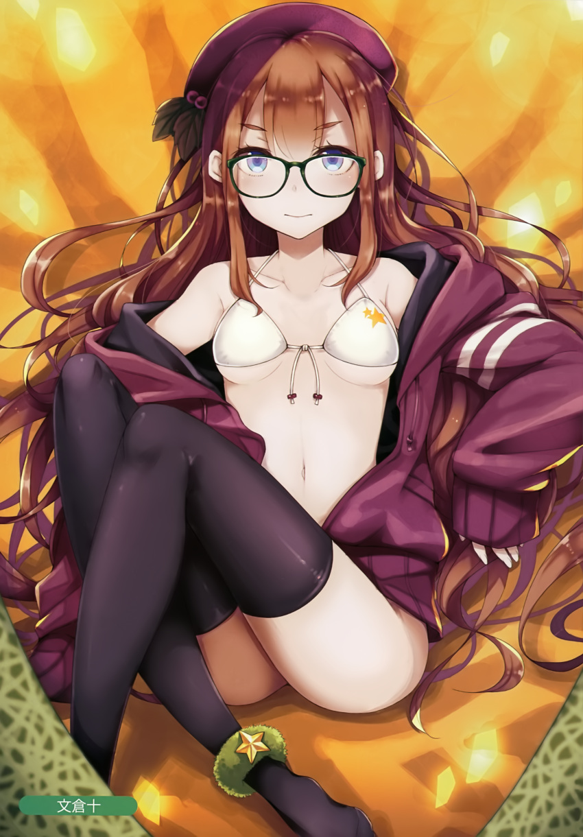 1girl absurdres anklet arm_support artist_name ayakura_juu bare_shoulders beret bikini_top black_legwear blue_eyes blush breasts breasts_apart closed_mouth collarbone double_vertical_stripe drawstring feet_out_of_frame front-tie_bikini front-tie_top glasses green-framed_eyewear hat highres jacket jewelry knees_up leaf long_hair long_sleeves looking_at_viewer melonbooks navel no_shoes off_shoulder open_clothes open_jacket orange_hair purple_hat purple_jacket scan serious sidelocks sitting sleeves_past_wrists small_breasts solo star stomach tareme thigh-highs thighs track_jacket under_boob very_long_hair white_bikini_top