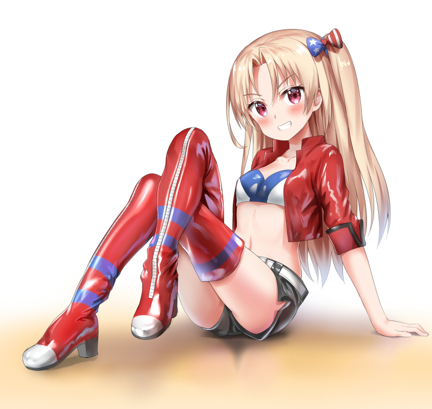 1girl :d absurdres arm_support ass azur_lane bangs belt black_shorts blonde_hair blush bow breasts cleveland_(azur_lane) collarbone crop_top cropped_jacket full_body hair_between_eyes hair_bow highres jacket legs_crossed long_hair looking_at_viewer midriff navel nedia_(nedia_region) one_side_up open_mouth parted_bangs racequeen red_eyes red_jacket red_legwear shiny shiny_clothes shiny_hair short_shorts shorts sidelocks simple_background sitting small_breasts smile solo teeth white_belt