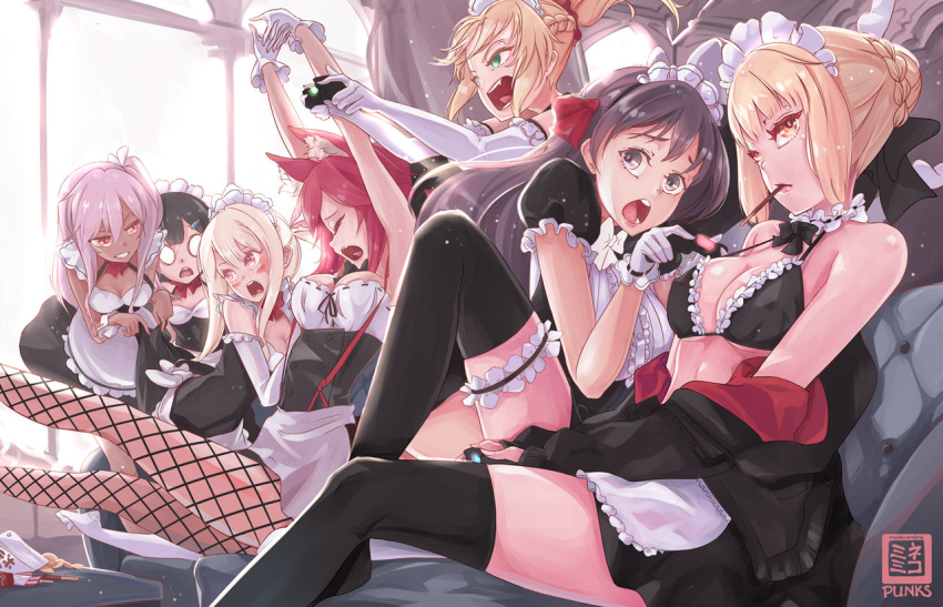 6+girls :o animal_ears apron arms_up artoria_pendragon_(all) bangs black_bra black_eyes black_hair black_legwear blonde_hair blush bra braid breasts character_request chloe_von_einzbern choker cleavage closed_eyes clothes_down commentary controller crown curtains d: dark_skin double-breasted dress dress_lift elbow_gloves fate/apocrypha fate/kaleid_liner_prisma_illya fate/stay_night fate_(series) fishnet_pantyhose fishnets food french_braid frilled_bra frilled_choker frilled_gloves frills game_controller gloves green_eyes grey_hairclip grin hair_ornament hair_ribbon hairclip illyasviel_von_einzbern knee_up large_breasts lavender_hair leg_garter lifted_by_another long_hair maid maid_headdress medium_breasts miyu_edelfelt mordred_(fate) mordred_(fate)_(all) mouth_hold multiple_girls nekomimipunks o_o one_side_up open_mouth pantyhose pink_hair platinum_blonde playing_games pocky red_eyes red_ribbon redhead ribbon ribbon-trimmed_gloves ribbon_trim saber_alter side_ponytail signature sitting smile snack stretch suspenders thigh-highs underwear waist_apron white_choker white_gloves window wrist_cuffs yawning