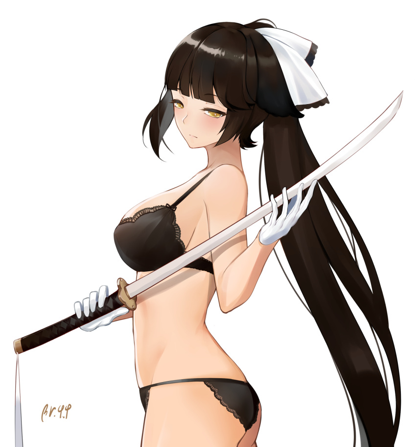 1girl ass azur_lane bangs bare_shoulders black_bra black_panties blunt_bangs blush bra breasts bright_pupils brown_hair closed_mouth cowboy_shot expressionless from_side gloves hair_ribbon half-closed_eyes high_ponytail highres holding holding_sword holding_weapon large_breasts long_hair looking_at_viewer looking_to_the_side panties ponytail ribbon sideboob signature simple_background solo standing straight_hair sword takao_(azur_lane) tsurime underwear underwear_only very_long_hair weapon white_background white_gloves white_ribbon yellow_eyes yueguang_zhanglang