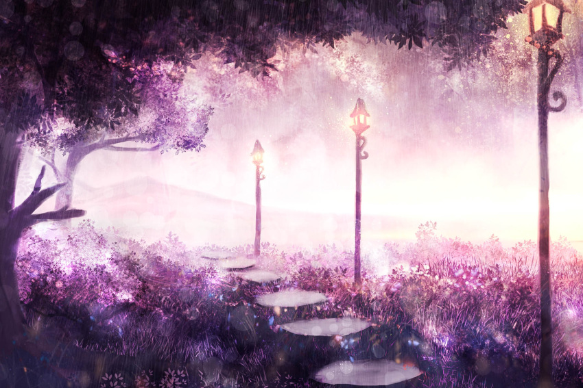 akyuun grass highres lamppost landscape light_particles no_humans original outdoors purple scenery stepping_stones texture tree