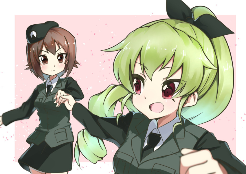 2girls alternate_costume alternate_hairstyle anchovy bangs beret black_hat black_jacket black_neckwear black_ribbon black_skirt blurry blurry_background blurry_foreground brown_eyes brown_hair closed_mouth commentary_request depth_of_field dress_shirt drill_hair emblem eyebrows_visible_through_hair girls_und_panzer green_hair hair_ribbon hand_holding hat highres jacket japanese_tankery_league_(emblem) light_frown long_hair long_sleeves looking_at_another looking_back military military_hat military_uniform miniskirt multiple_girls necktie nishizumi_maho older open_mouth outside_border pencil_skirt pink_background ponytail red_eyes ribbon running selection_university_military_uniform shirt short_hair skirt smile standing toon_(noin) uniform v-shaped_eyebrows white_shirt wing_collar