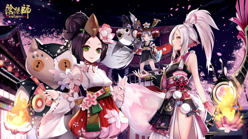 3girls black_dress black_hair black_skirt button_eyes character_request cherry_blossoms commentary_request detached_sleeves dress eyeshadow fingerless_gloves fingernails fire floral_print flower gloves green_eyes grey_eyes hair_bun hair_flower hair_ornament headdress high_ponytail highres holding long_sleeves makeup multiple_girls night night_sky obi onmyoji outdoors petals pink_flower pink_gloves ponytail print_skirt red_ribbon red_skirt ribbon ribbon-trimmed_sleeves ribbon_trim rope sash shide shimenawa shirt silver_hair skirt sky sleeveless sleeveless_dress sleeveless_shirt torii white_shirt wide_sleeves yan_(nicknikg) yellow_eyes