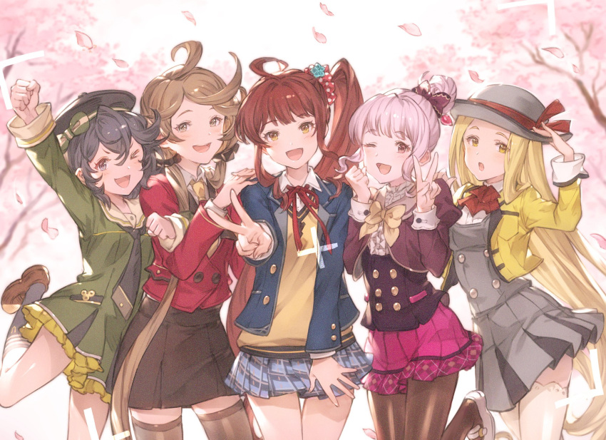 5girls :d :o ;d alternate_costume blazer blush bow brown_eyes canna_(granblue_fantasy) cherry_blossoms cravat diantha_(granblue_fantasy) diola_(granblue_fantasy) granblue_fantasy hair_bun hair_ribbon harie_(granblue_fantasy) hat hat_bow highres jacket linaria_(granblue_fantasy) long_hair looking_at_viewer minaba_hideo multiple_girls neckerchief necktie one_eye_closed open_mouth pantyhose ribbon scrunchie side_ponytail skirt smile twintails v very_long_hair yellow_eyes
