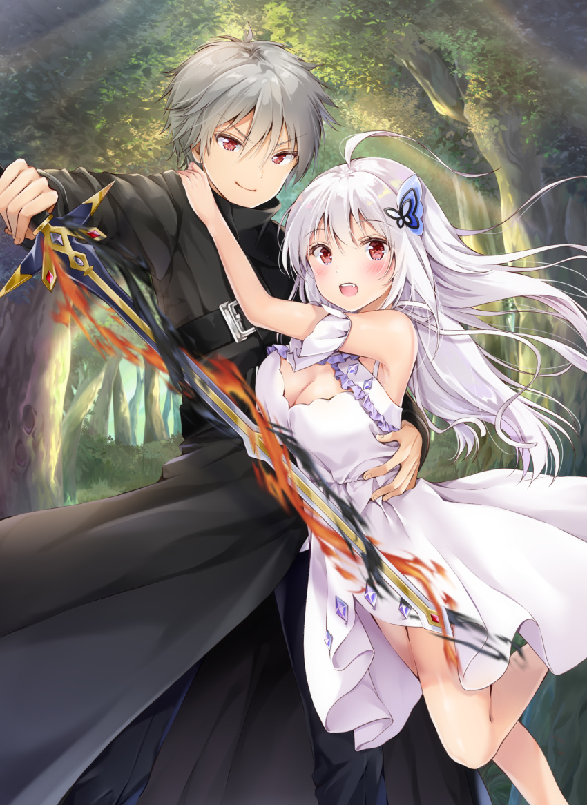 1boy 1girl ahoge arm_around_waist bangs bare_shoulders black_coat black_pants blush breasts butterfly_hair_ornament cleavage closed_mouth commentary_request copyright_request day dress eyebrows_visible_through_hair fang fiery_sword fingernails forest grey_hair hair_between_eyes hair_ornament hand_on_another's_shoulder highres holding holding_sword holding_weapon long_hair looking_at_viewer medium_breasts nature open_mouth outdoors pants red_eyes silver_hair sleeveless sleeveless_dress smile sword tree very_long_hair weapon white_dress yoshida_iyo