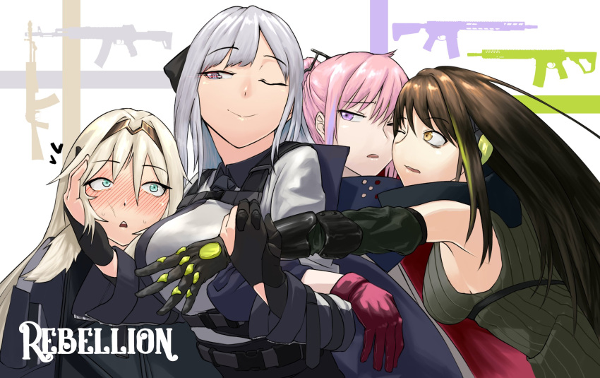 4girls ak-12_(girls_frontline) an-94_(girls_frontline) armband armor bangs bare_shoulders black_gloves blonde_hair blue_eyes blush braid breasts brown_eyes brown_hair buckle cheek-to-cheek closed_mouth coat digi-mind_update_(girls_frontline) elbow_gloves eyebrows_visible_through_hair french_braid gauntlets girls_frontline gloves group_hug gun hair_ornament hairband half-closed_eye hand_on_another's_arm hand_on_another's_cheek hand_on_another's_face headphones highres hug jacket large_breasts long_hair long_sleeves looking_at_another m4a1_(girls_frontline) medium_breasts multicolored_hair multiple_girls one_eye_closed partly_fingerless_gloves pink_hair ponytail ribbed_sweater ribbon scarf sd_bigpie sidelocks silver_hair smile st_ar-15_(girls_frontline) strap streaked_hair sweat sweatdrop sweater sweater_vest tactical_clothes text very_long_hair violet_eyes weapon