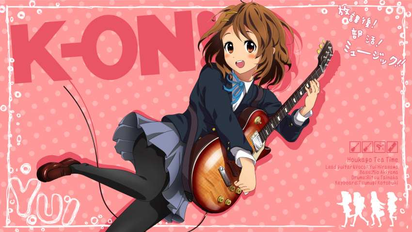 1girl blue_skirt blush bolo_tie brown_eyes brown_hair character_name copyright_name guitar hair_ornament hairclip hirasawa_yui instrument k-on! kou_(aimai) loafers looking_at_viewer music open_mouth pantyhose pink_background playing_instrument pleated_skirt polka_dot polka_dot_background school_uniform shoes silhouette skirt smile solo text wallpaper