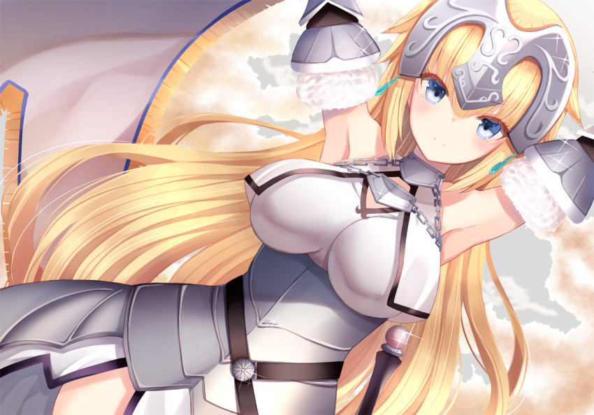 1girl armor armored_dress arms_up bangs blonde_hair blue_eyes blush breasts closed_mouth commentary_request dress dutch_angle eyebrows_visible_through_hair fate/apocrypha fate/grand_order fate_(series) fur_trim hair_between_eyes headpiece jeanne_d'arc_(fate) jeanne_d'arc_(fate)_(all) large_breasts long_hair looking_at_viewer lying on_back solo v-shaped_eyebrows very_long_hair white_dress yuzu-aki
