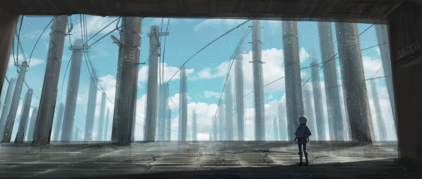 .kitsuna 1girl capelet commentary_request day facing_away from_behind highres long_sleeves original outdoors pants power_lines scenery science_fiction short_hair silver_hair solo standing
