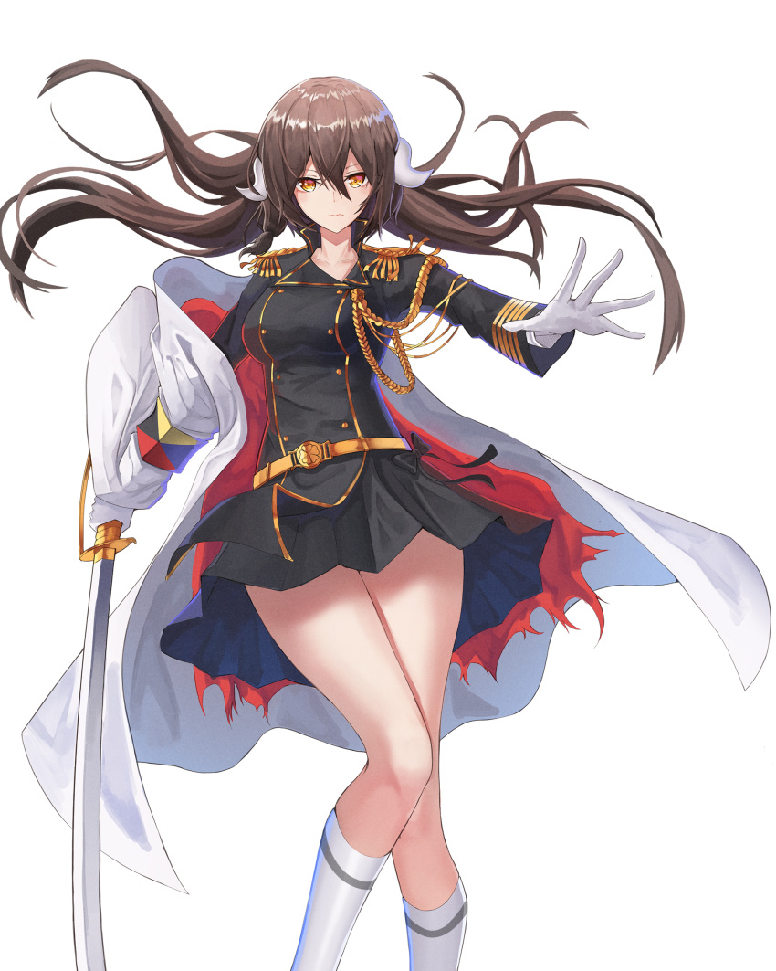 1girl absurdres armband azur_lane bangs belt black_hair black_jacket black_skirt blush breasts brown_hair buckle buttons closed_mouth coat collarbone commentary epaulettes expressionless floating_hair gloves hair_between_eyes highres holding holding_sword holding_weapon horns jacket jacket_on_shoulders kneehighs logo long_hair long_sleeves looking_at_viewer medium_breasts mikasa_(azur_lane) military military_uniform nebu_(pixiv22443854) open_mouth saber_(weapon) shirt sidelocks skirt solo sword thighs uniform weapon white_gloves white_legwear white_shirt