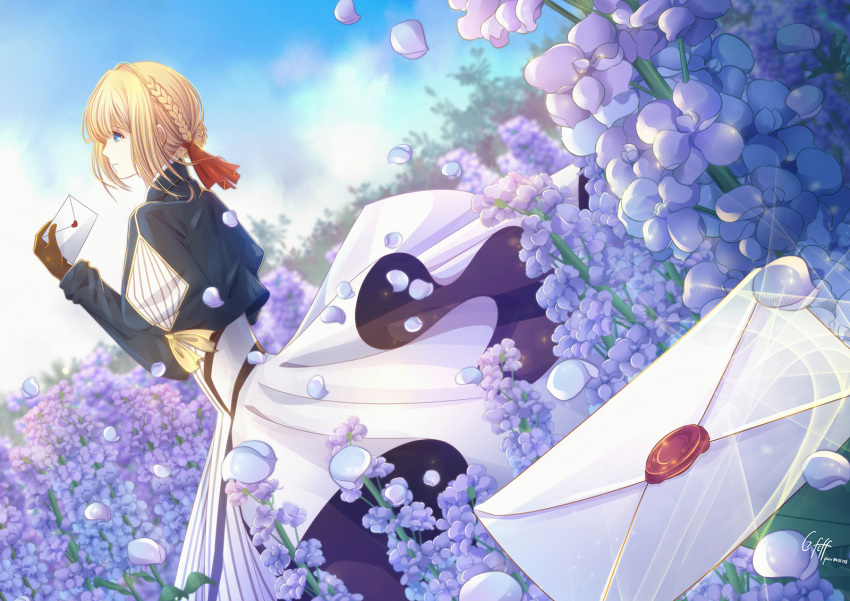 1girl bangs blonde_hair blooming blue_eyes blue_jacket braid chan_yuan dress envelope flower from_side gloves hair_between_eyes hair_intakes hair_ribbon highres holding_letter jacket letter long_sleeves love_letter outdoors petals red_ribbon ribbon solo violet_(flower) violet_evergarden violet_evergarden_(character) wind